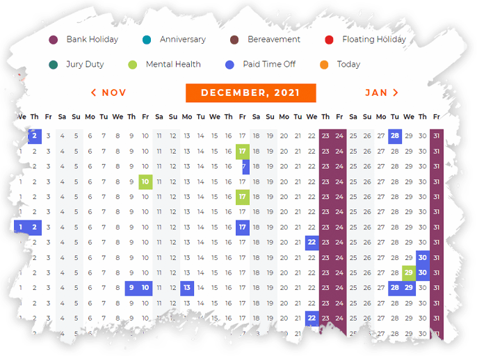 Calender showing employees days off